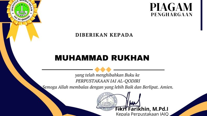 PIAGAM PENGHARGAAN HIBAH BUKU KE PERPUSTAKAAN IAIQ