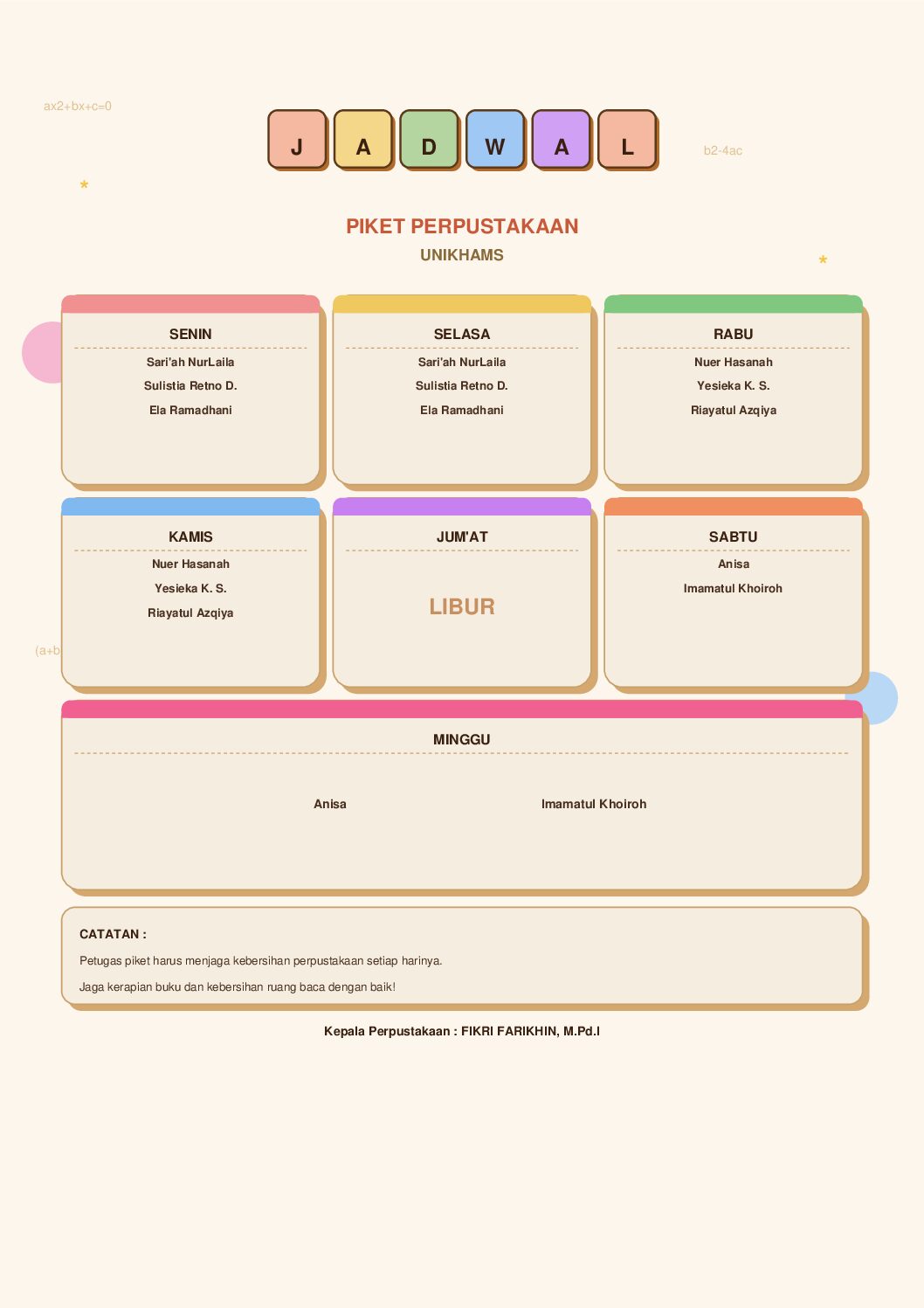 Jadwal Piket dan Nomor Kontak Admin Perpustakaan UNIKHAMS